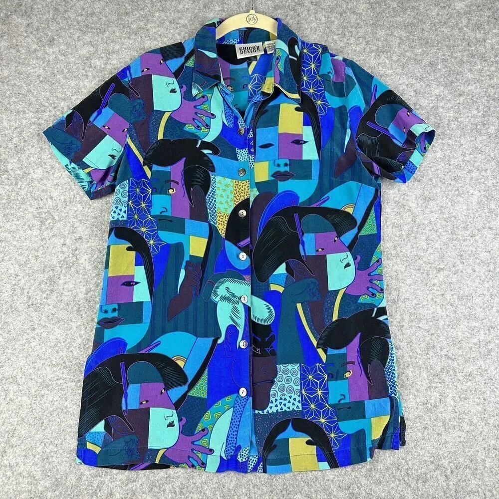 Chicos Silk Top Womens S Silk Abstract Geisha Asian Artsy Print Button Up Shirt